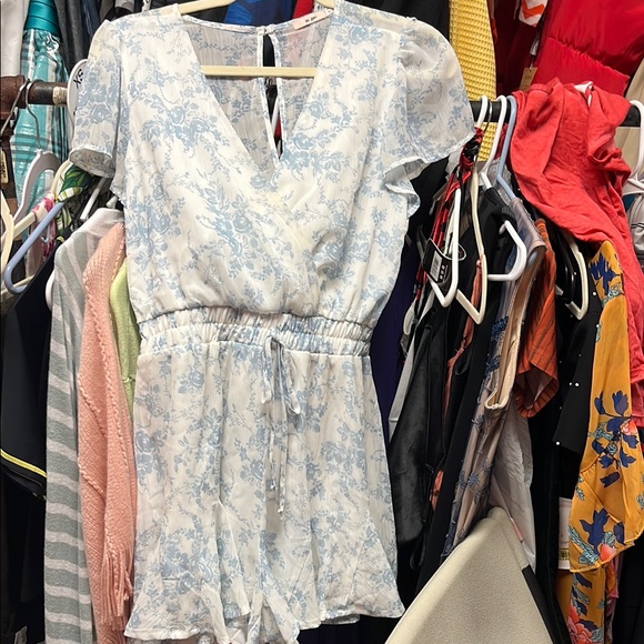 Floral Blue and White Romper - Picture 1 of 5